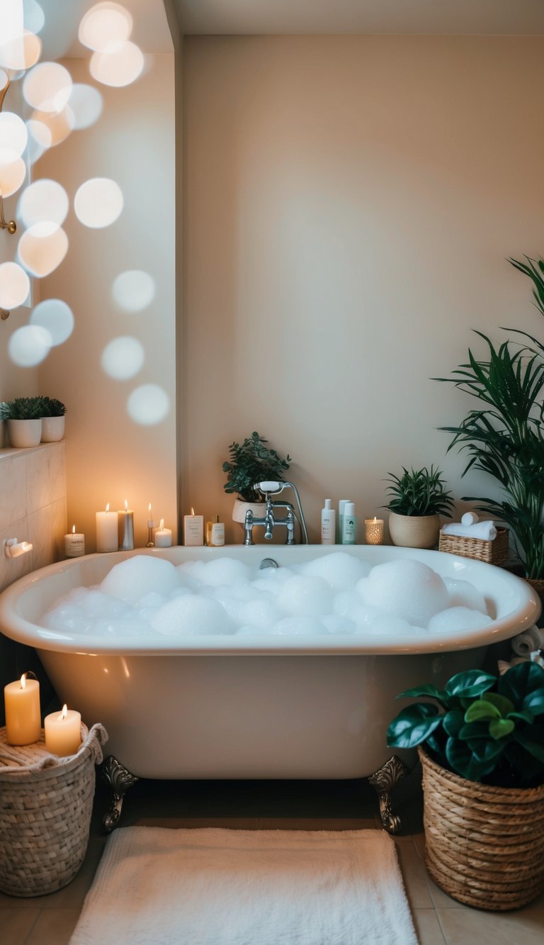 A cozy bathroom with a bathtub filled with bubbles, surrounded by scented candles, potted plants, and a basket of spa products