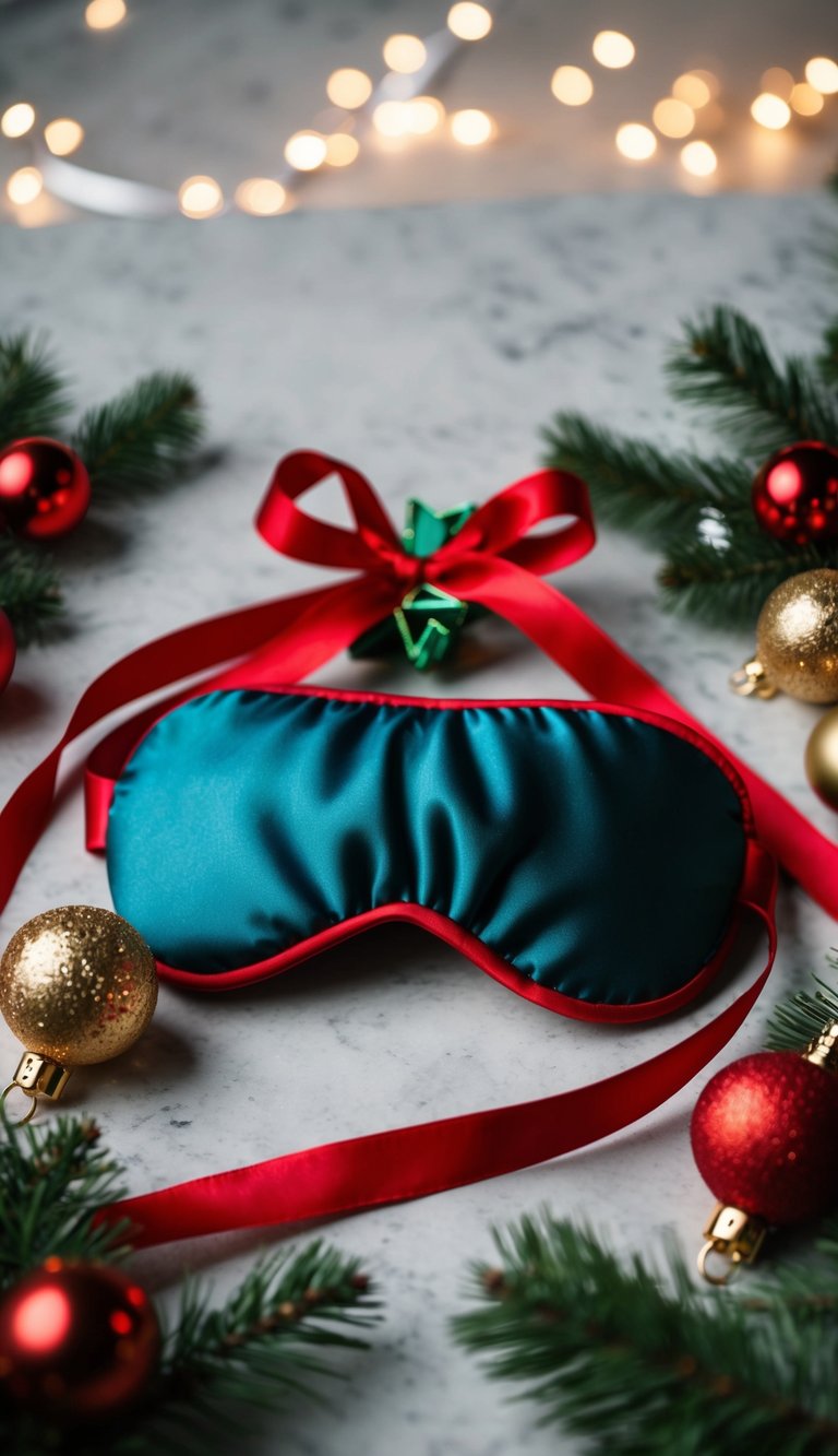 A silk sleep mask surrounded by festive holiday decorations and wrapped in a ribbon