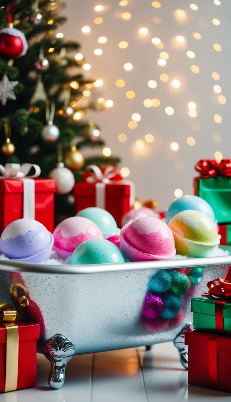 A sparkling bath tub filled with colorful, fizzy bath bombs surrounded by festive decorations and wrapped gift boxes