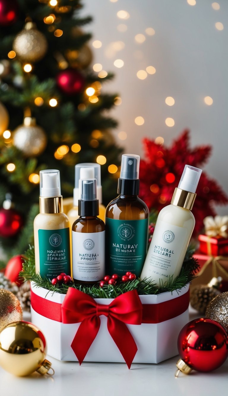 A festive arrangement of natural skincare products, surrounded by holiday decorations and wrapped in a bow