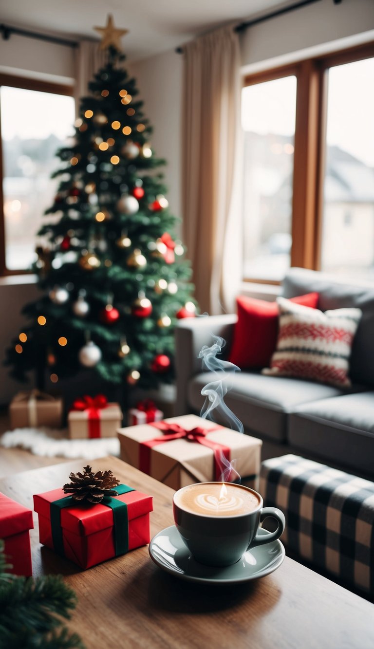 A cozy living room with a Christmas tree, wrapped presents, and a steaming cup of craft coffee on a table