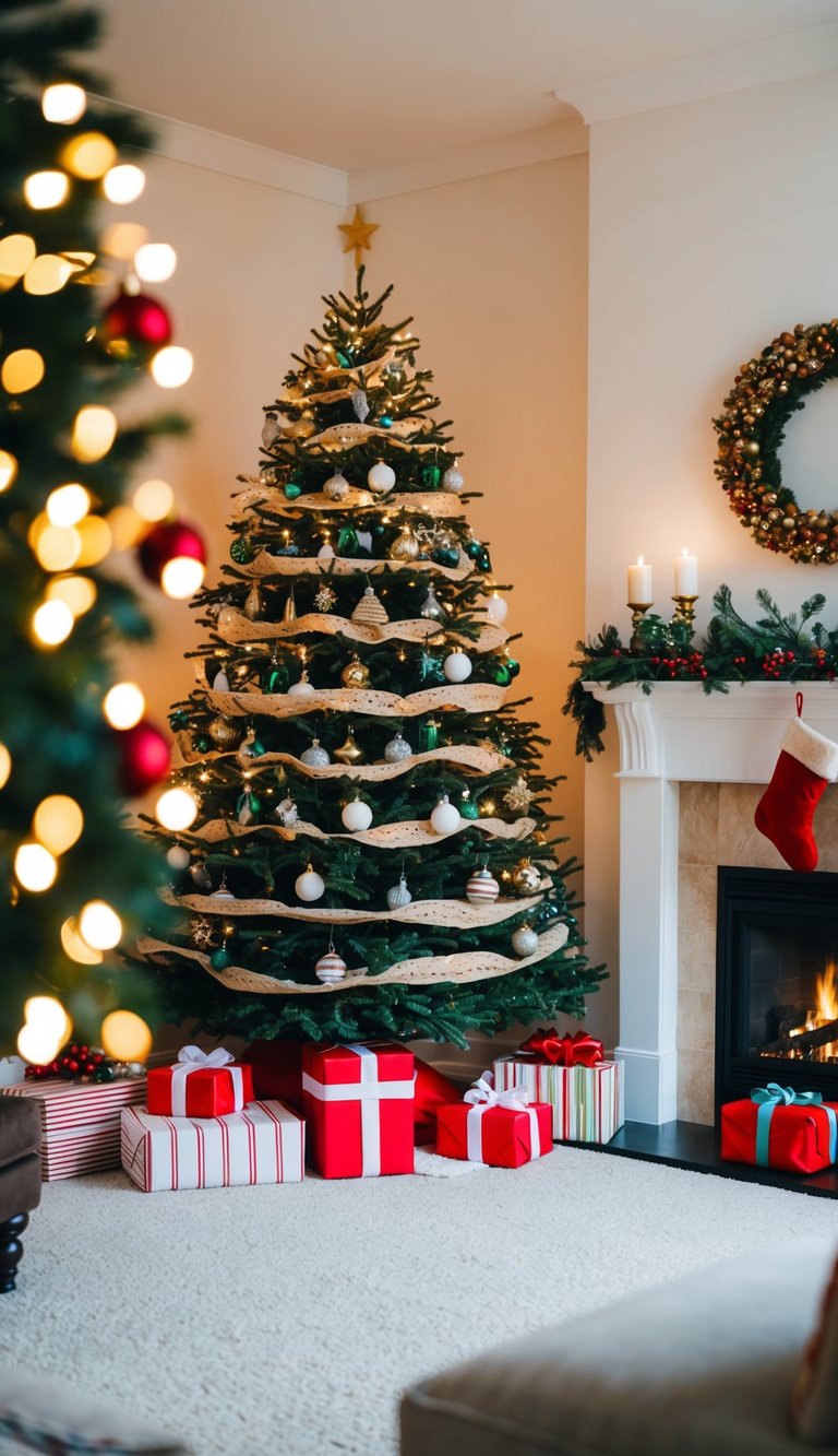 A cozy living room with a decorated Christmas tree, wrapped presents, and a crackling fireplace