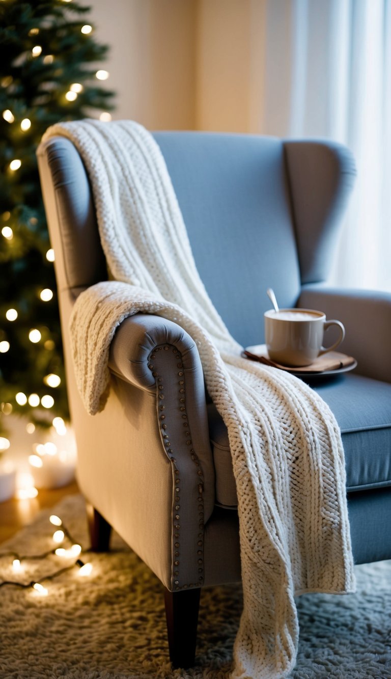 A cozy knit blanket draped over a plush armchair, surrounded by twinkling Christmas lights and a cup of hot cocoa