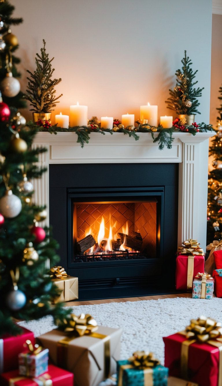 A cozy living room with a crackling fireplace, adorned with a set of scented candles, surrounded by festive decorations and wrapped gifts