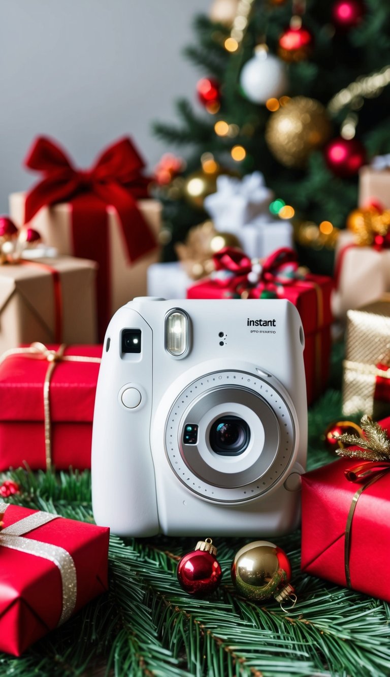 An instant camera surrounded by festive holiday decorations and wrapped presents