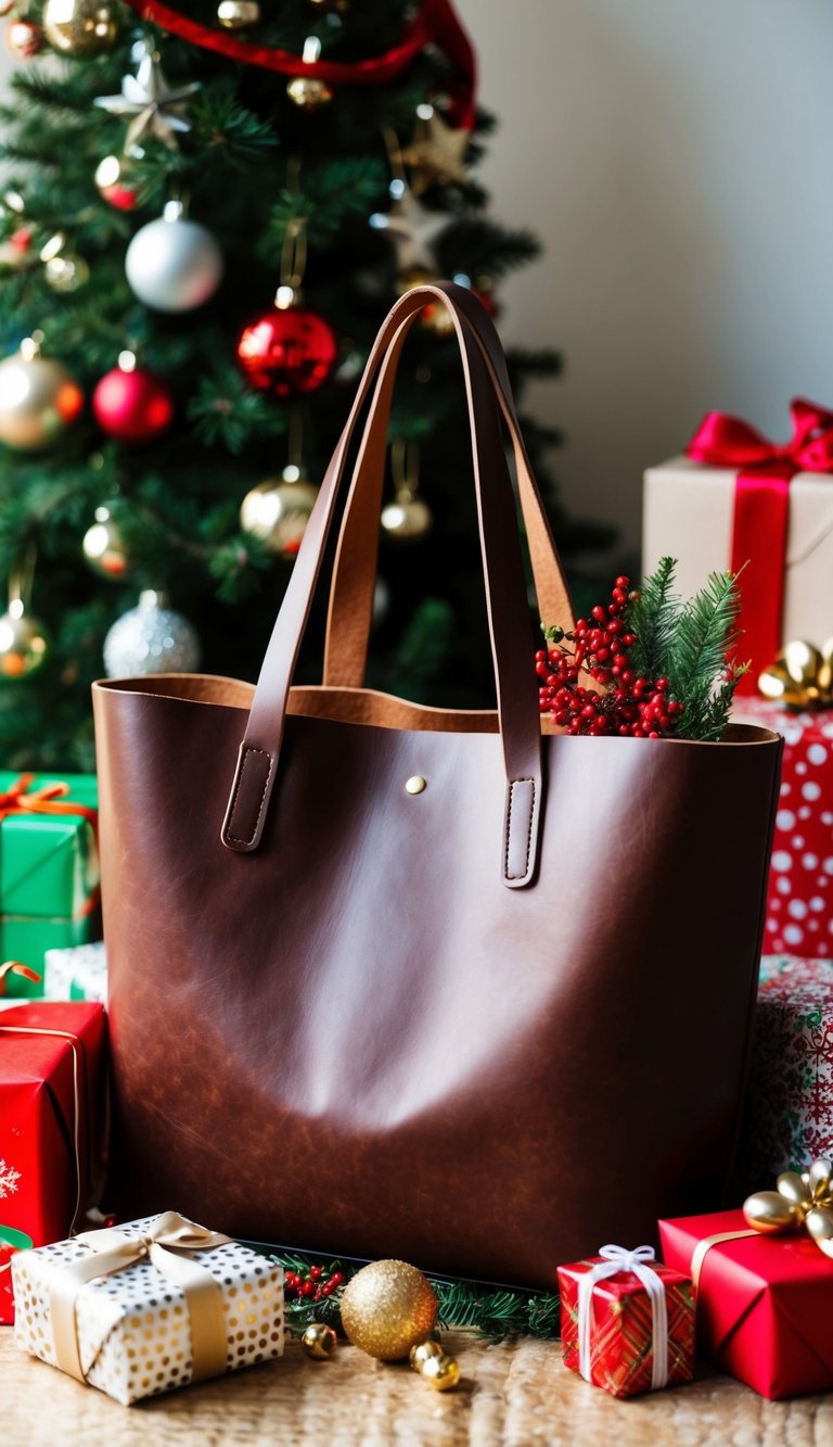 A leather tote bag surrounded by festive holiday decorations and wrapped presents