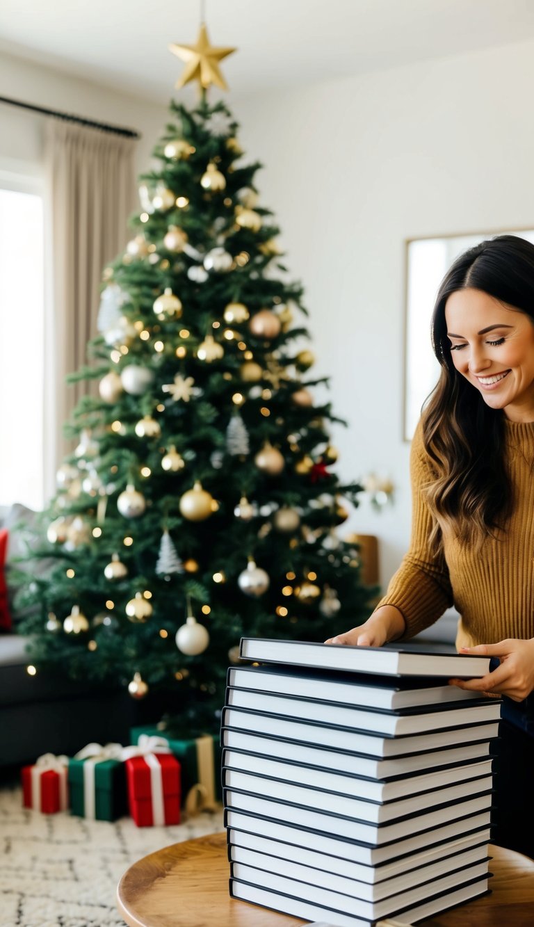 A cozy living room with a decorated Christmas tree, a stack of custom photo books, and a woman smiling while flipping through the pages