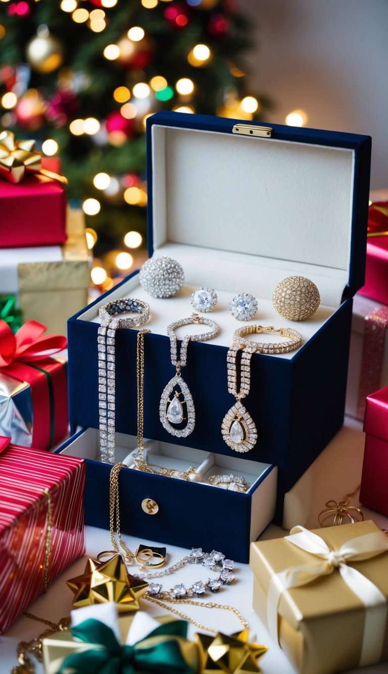 A jewelry box filled with various sparkling necklaces, earrings, and bracelets, surrounded by festive decorations and wrapped gift boxes