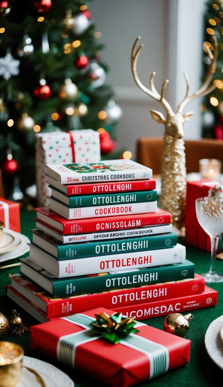 A festive table setting with a stack of Ottolenghi cookbooks surrounded by Christmas decorations and gift wrapping