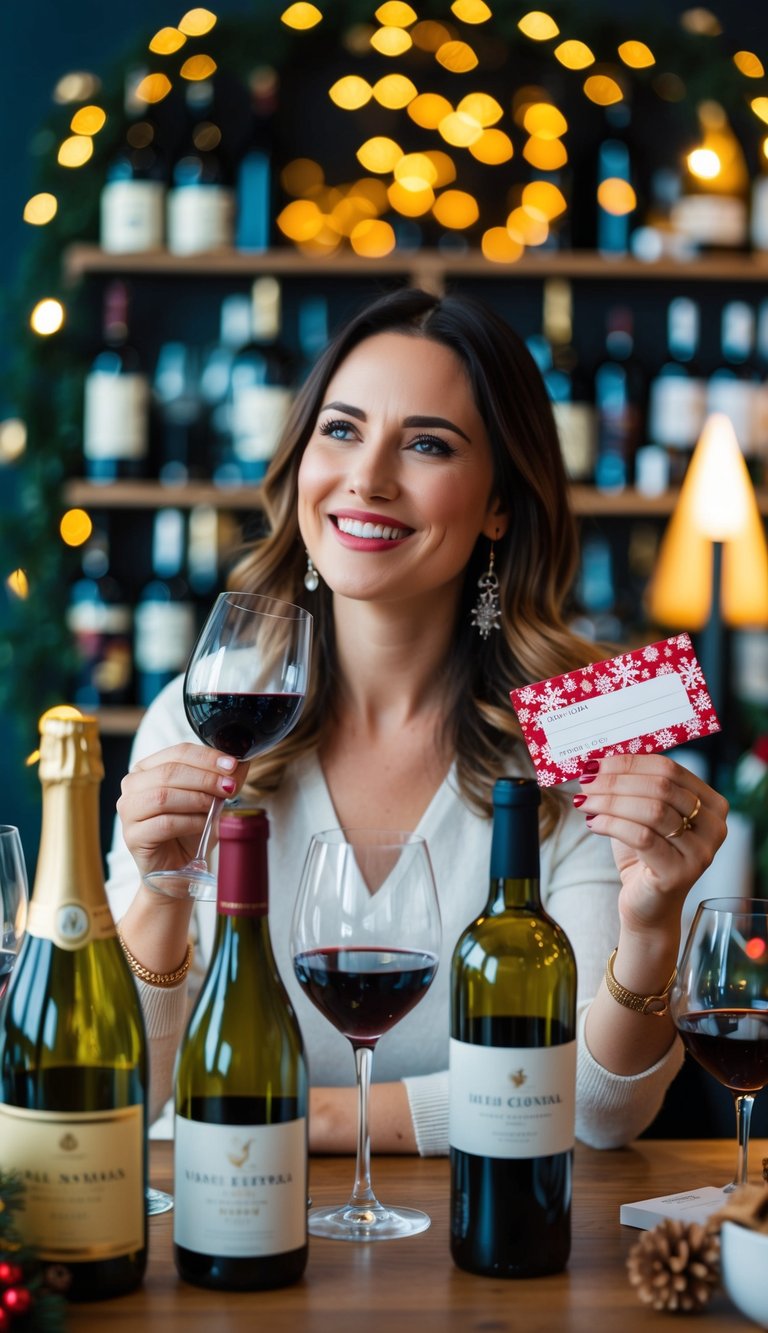 A woman enjoying a wine tasting experience, surrounded by bottles and glasses, with a festive Christmas gift voucher in hand