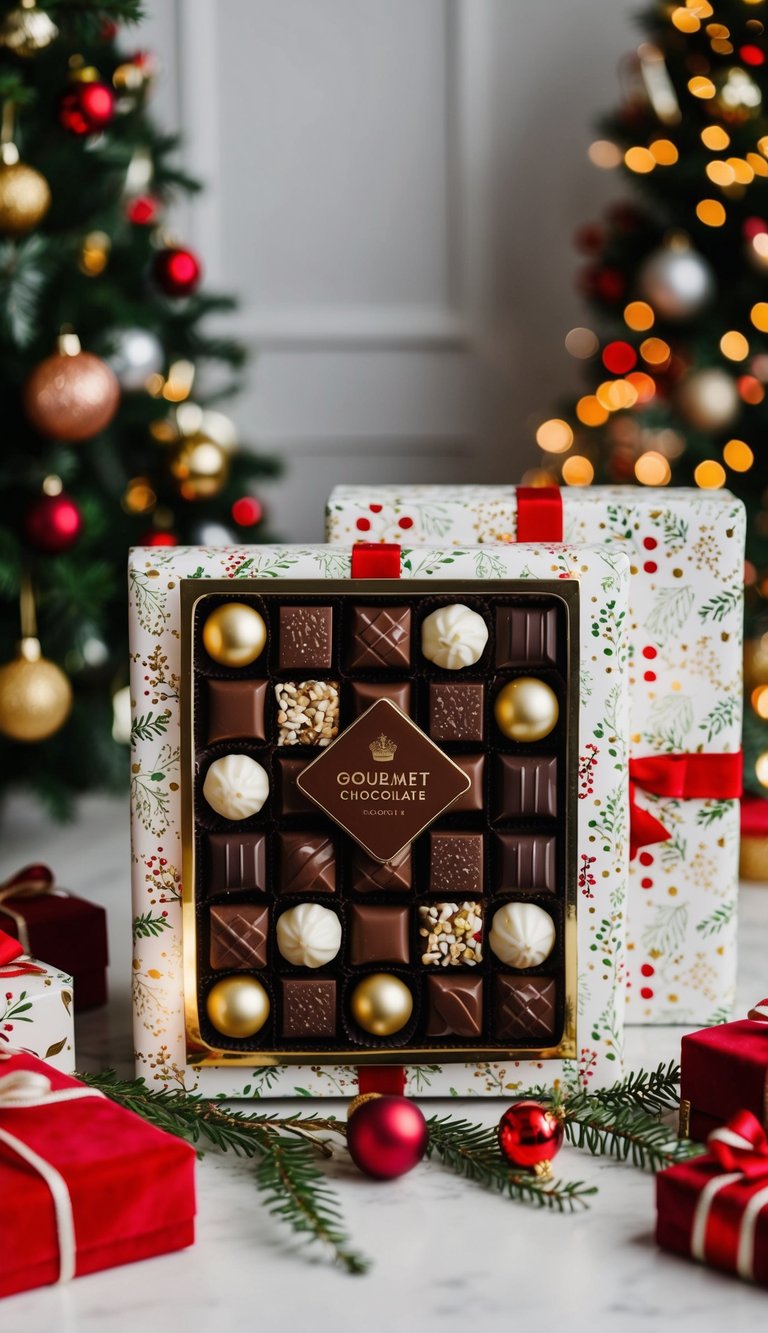 A luxurious gourmet chocolate box surrounded by festive decorations and wrapped in elegant holiday packaging