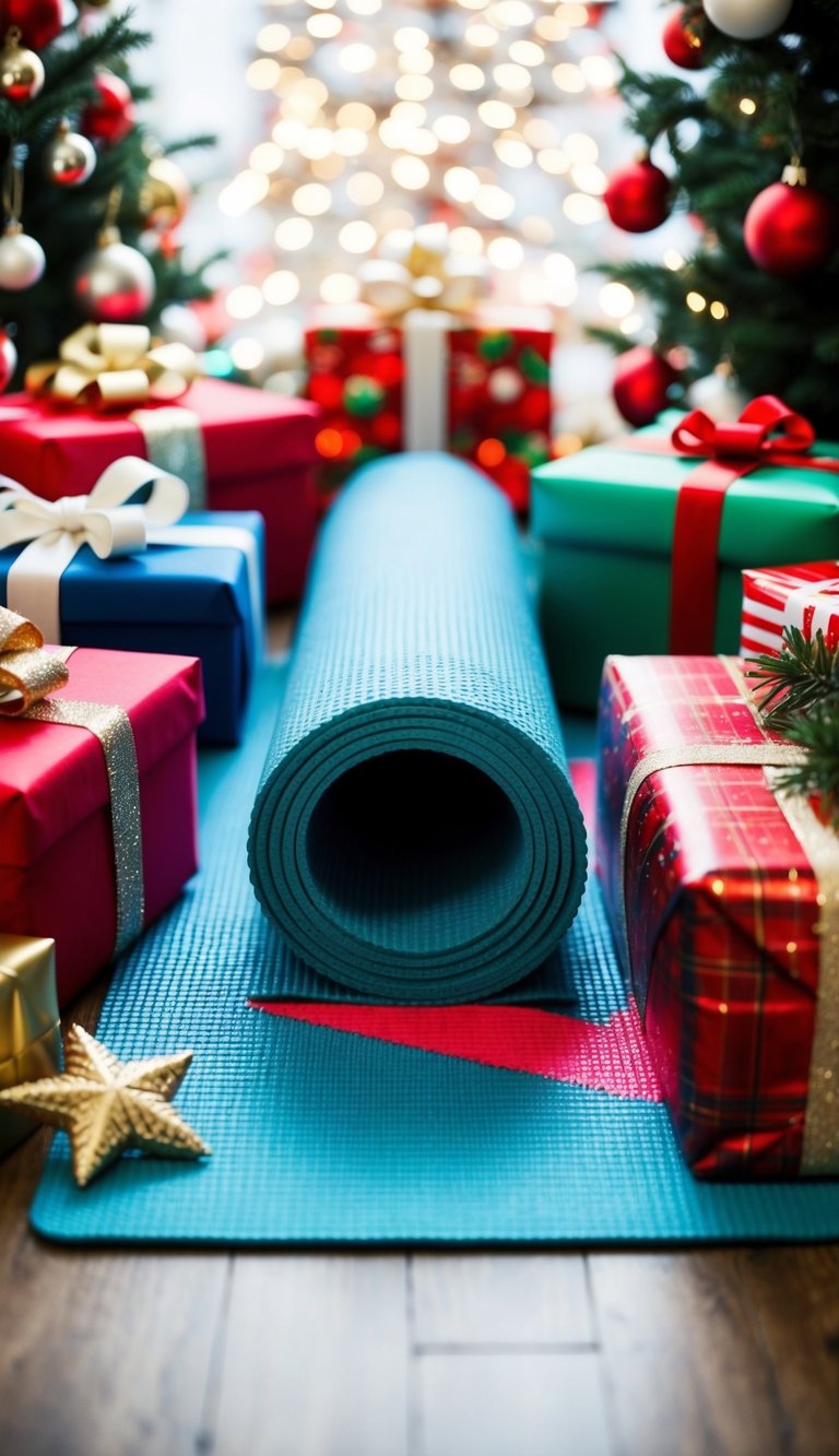 A colorful yoga mat surrounded by festive holiday decorations and wrapped gifts