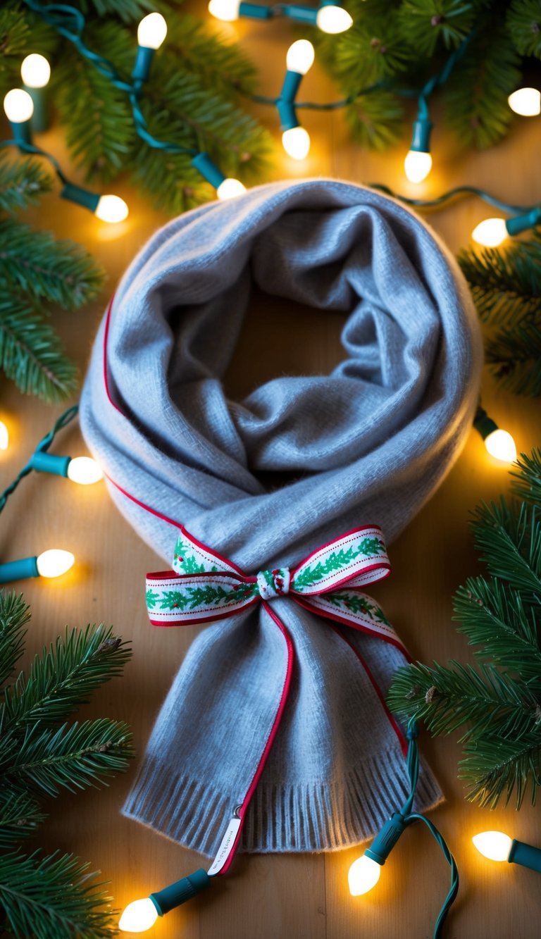 A cozy cashmere scarf wrapped in festive ribbon, surrounded by twinkling holiday lights and evergreen branches