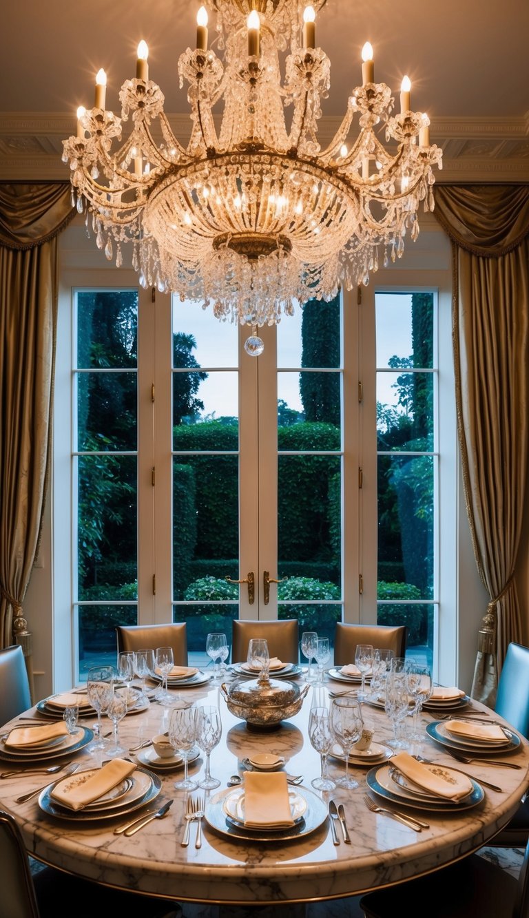 A grand chandelier hangs from a high ceiling, casting a warm glow over a marble-topped dining table set with fine china and crystal glassware. Silk drapes frame tall windows, revealing a lush garden outside