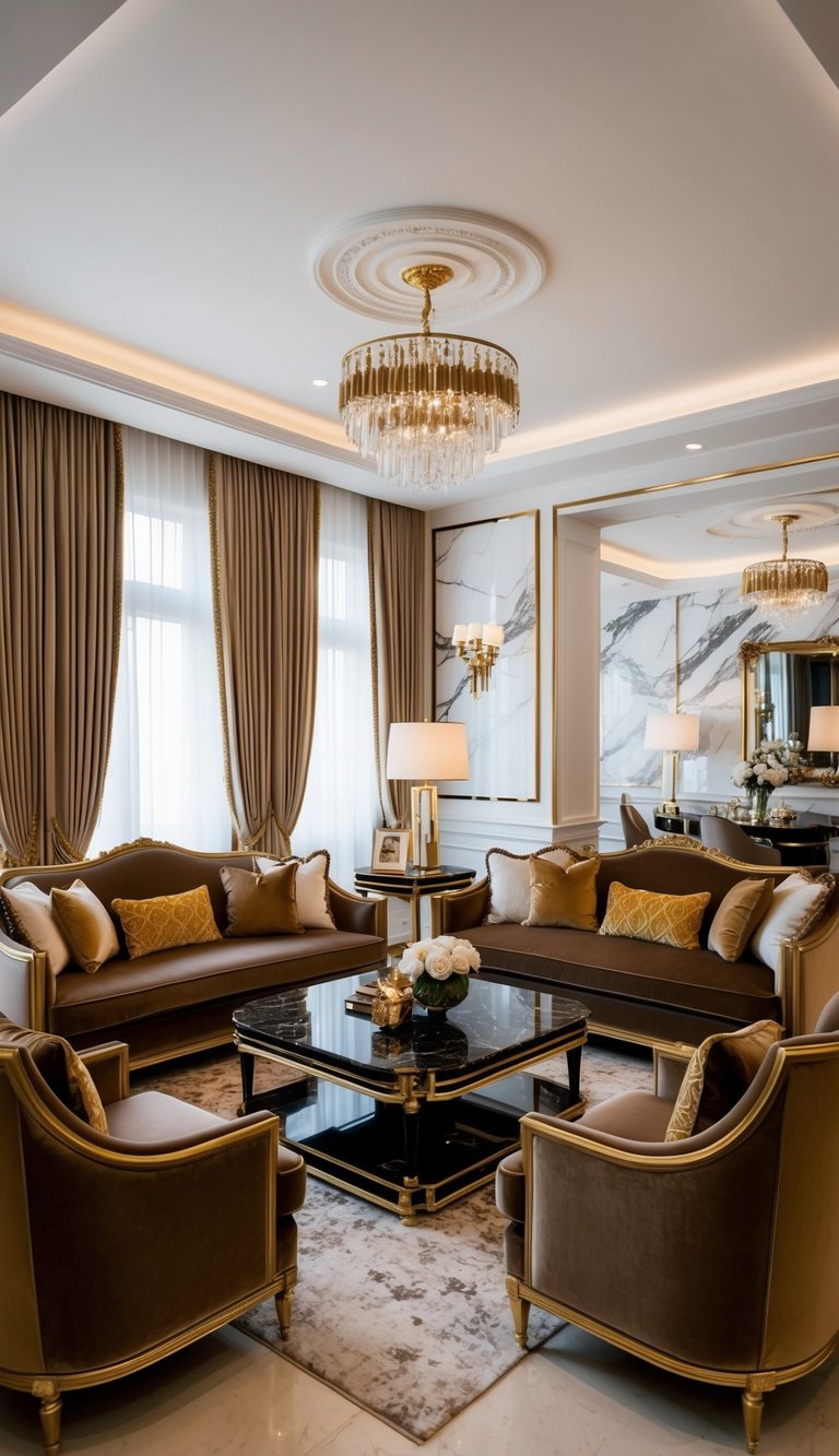 A luxurious living room with plush velvet furniture, marble accents, and gold-trimmed decor. Elegant lighting and art pieces complete the upscale ambiance