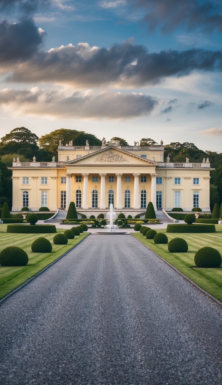 A grand, sprawling mansion with ornate pillars, manicured gardens, and a sweeping driveway lined with elegant topiaries and sparkling fountain