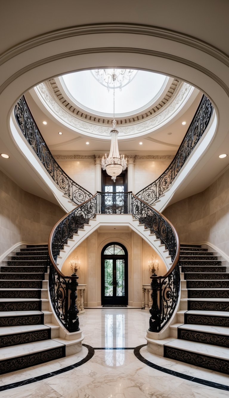 A grand staircase with intricate wrought iron railings, marble floors, and ornate crown molding adorning the ceiling of a luxurious foyer