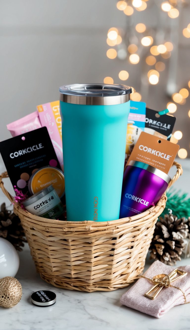 A gift basket with a Corkcicle Insulated Tumbler surrounded by various items for women