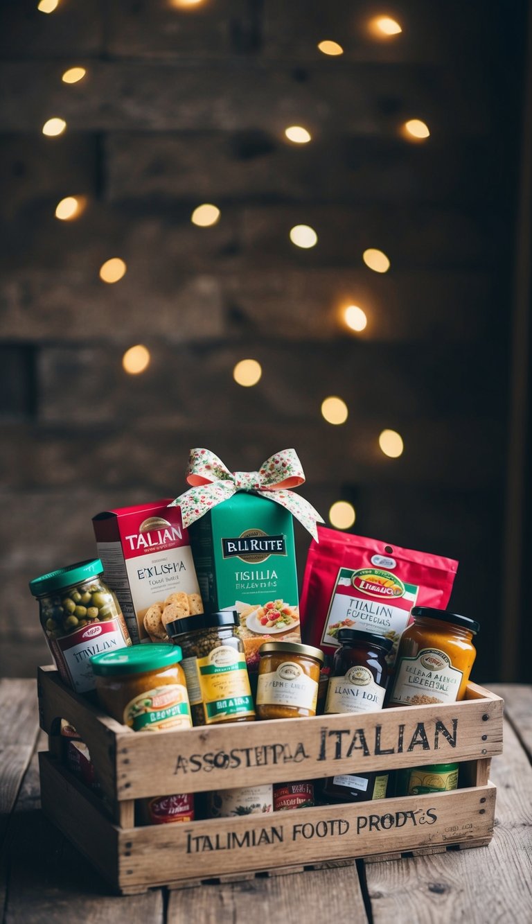 A rustic wooden crate filled with assorted Italian food products and a decorative bow on top