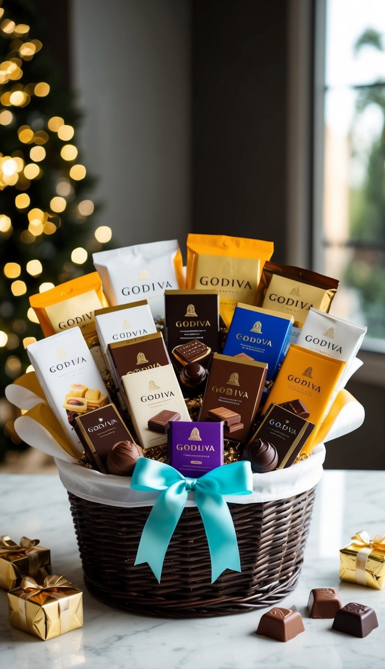 A beautifully arranged gift basket filled with a variety of Godiva chocolate assortments, adorned with ribbons and bows, ready to be presented to a lucky woman