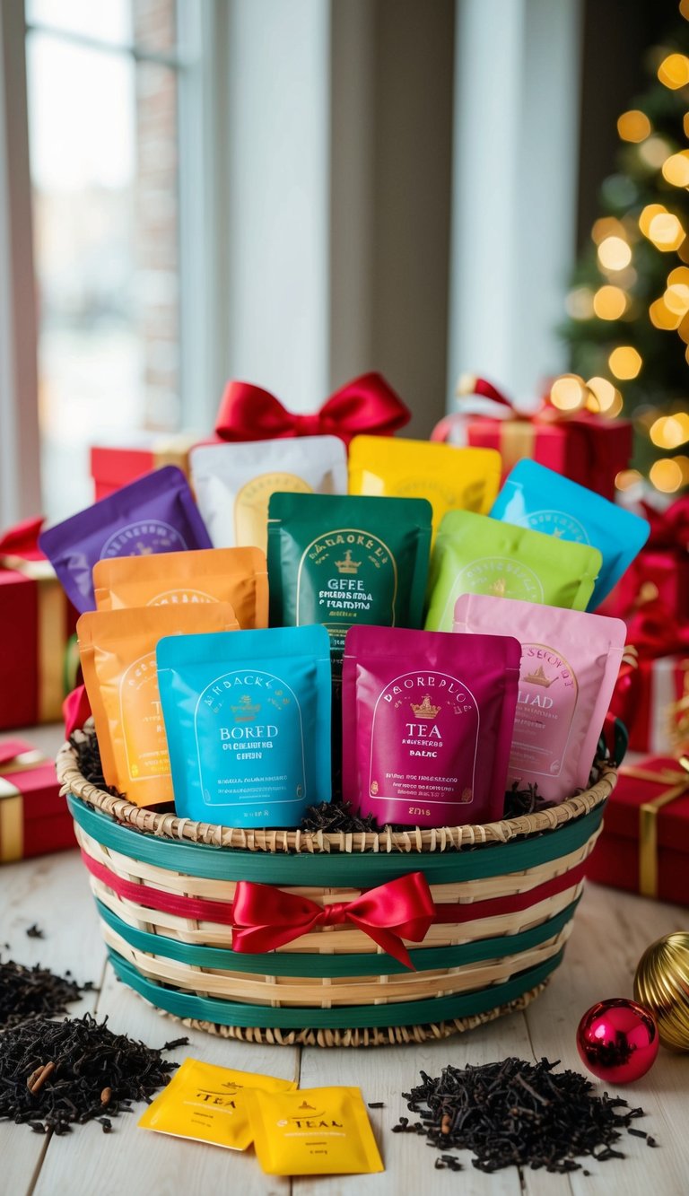 A colorful assortment of tea samplers arranged in a decorative gift basket