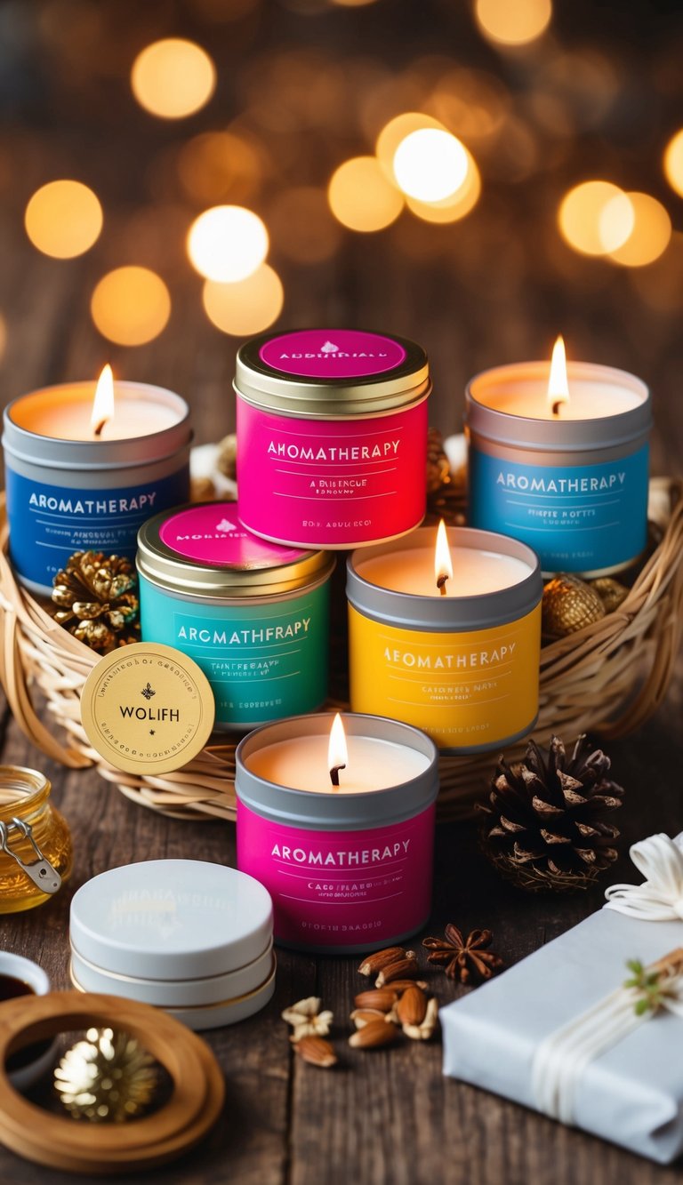 Aromatherapy candles surrounded by gift basket items for women