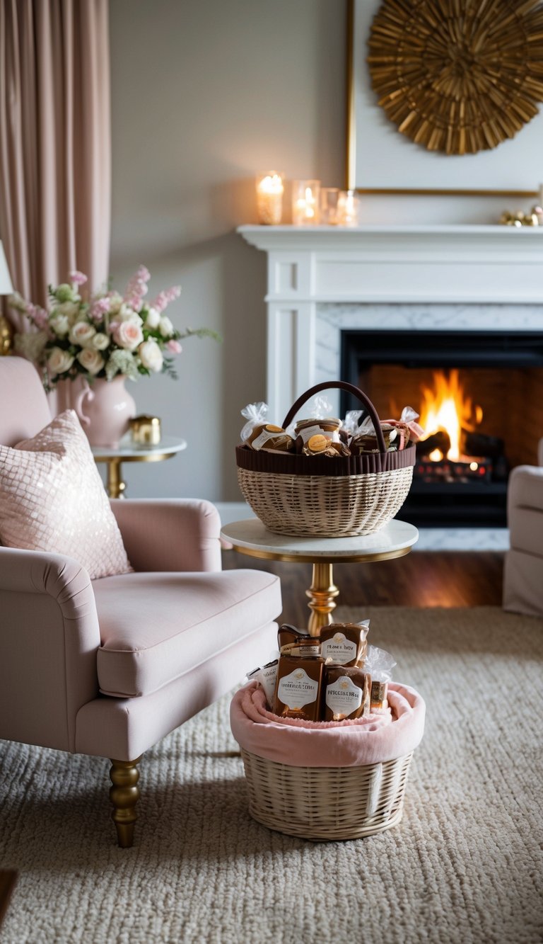 A cozy living room with a crackling fireplace, a plush armchair, and a side table adorned with a Williams Sonoma Hot Chocolate gift basket surrounded by feminine decor