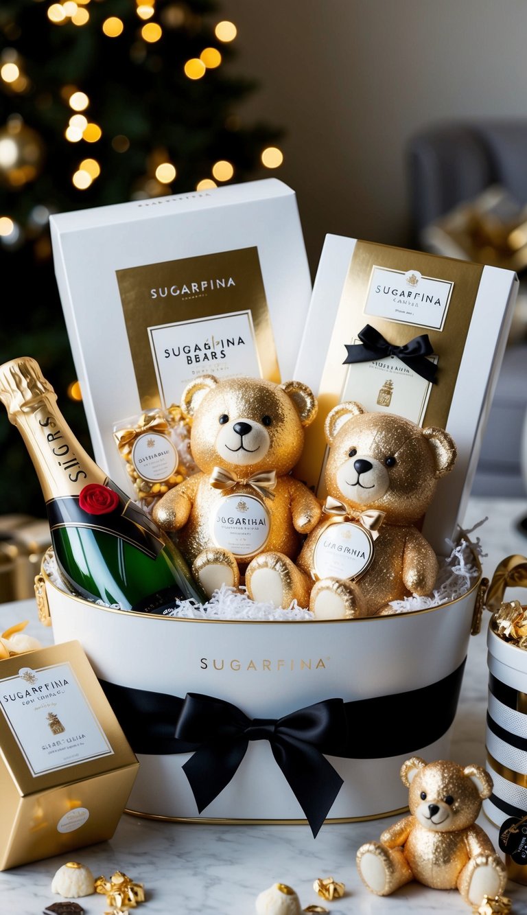 A luxurious gift basket filled with Sugarfina Champagne Bears, surrounded by elegant packaging and other indulgent treats