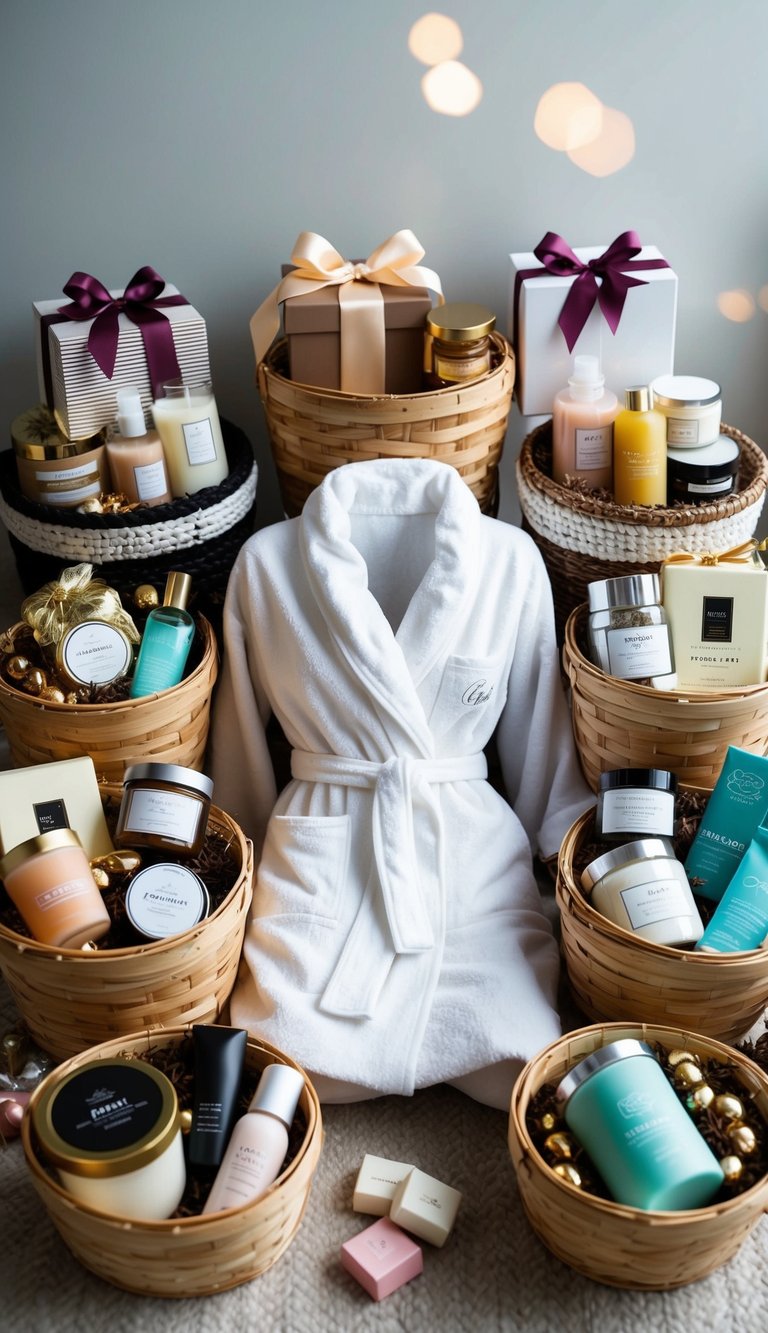 A cozy robe surrounded by 18 gift baskets, each with different items for women, such as candles, chocolates, and skincare products