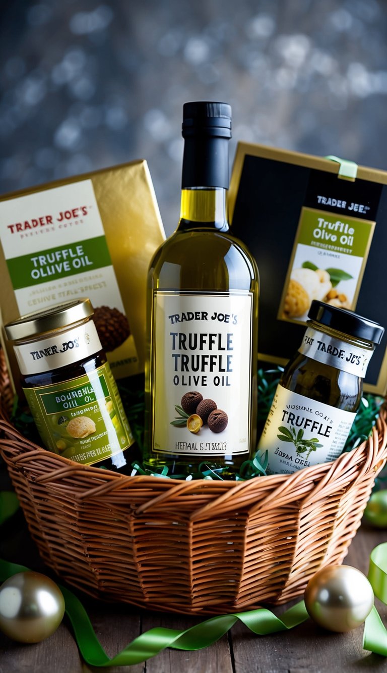 A wicker basket filled with Trader Joe's Truffle Olive Oil and various other gourmet items, surrounded by elegant packaging and ribbon accents