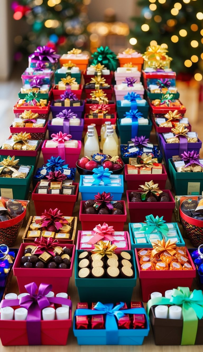 A colorful array of 18 gift baskets filled with various items like chocolates, bath products, and wine, arranged on a table