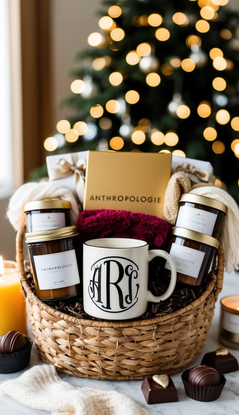 A cozy gift basket with an Anthropologie Monogram Mug surrounded by various items, such as candles, chocolates, and a soft scarf