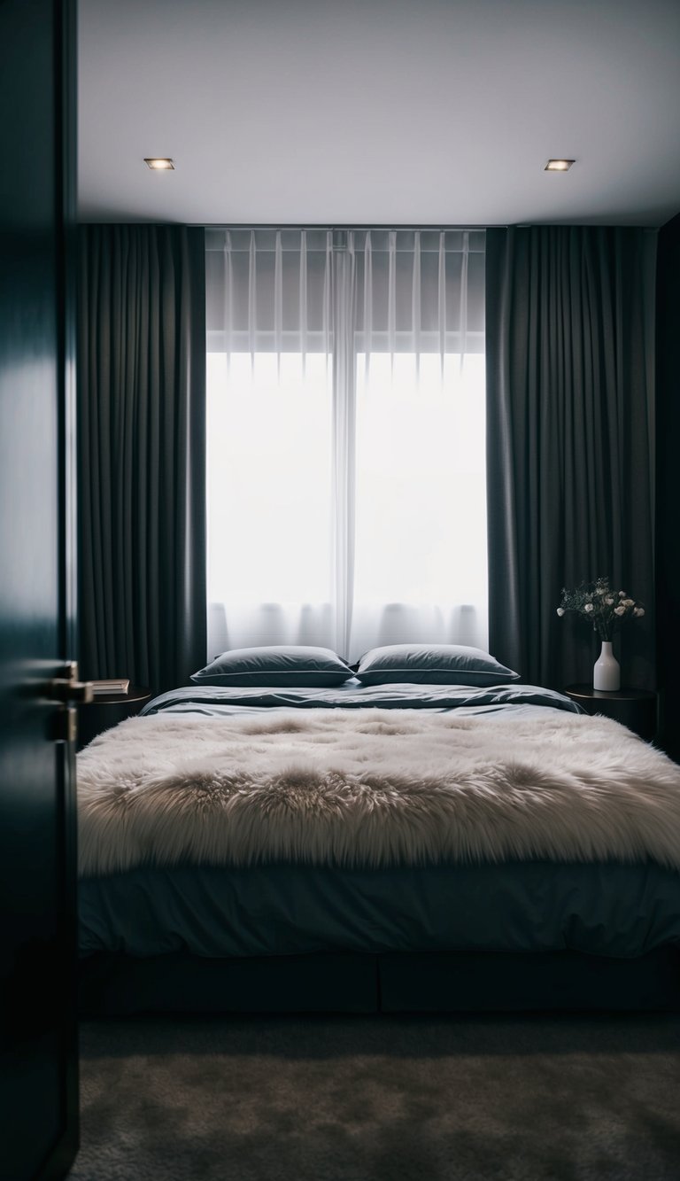 A dark bedroom with soft lighting, plush bedding, and blackout curtains drawn closed