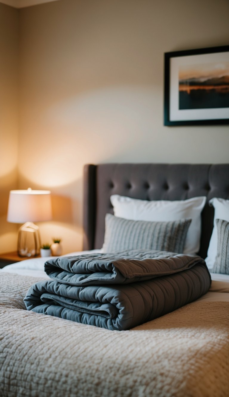 A cozy bedroom with a plush weighted blanket on a neatly made bed, soft lighting, and warm colors creating a comfortable and inviting atmosphere