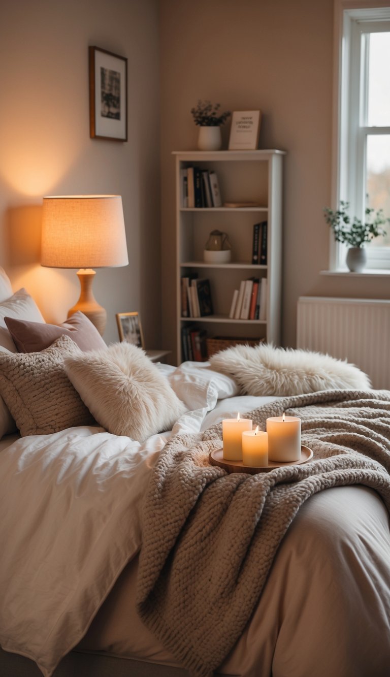 A warm, inviting bedroom with soft lighting, plush bedding, fluffy pillows, a cozy throw blanket, scented candles, and a small bookshelf with a selection of comforting reads