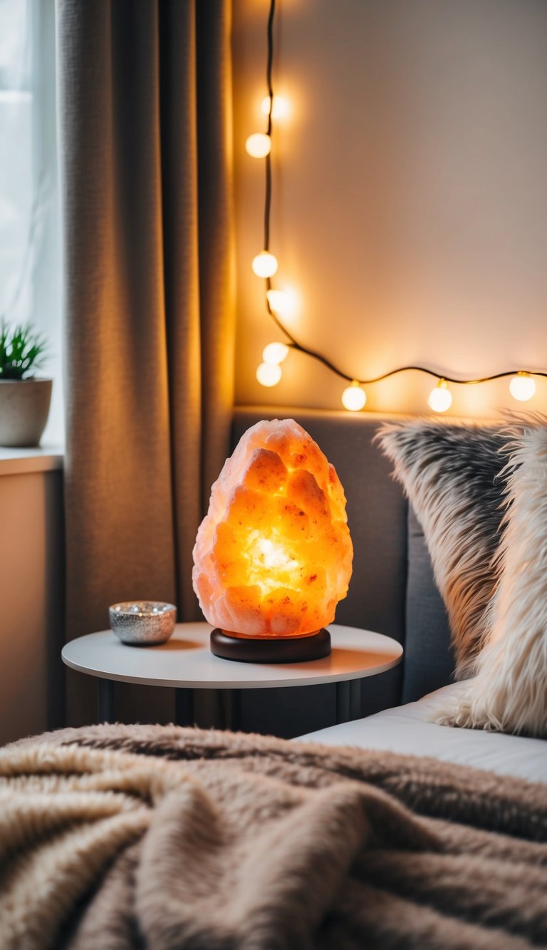 A Himalayan salt lamp illuminates a cozy bedroom, casting a warm, soft glow over the room. The lamp sits on a bedside table, surrounded by plush blankets and fluffy pillows, creating a peaceful and inviting atmosphere