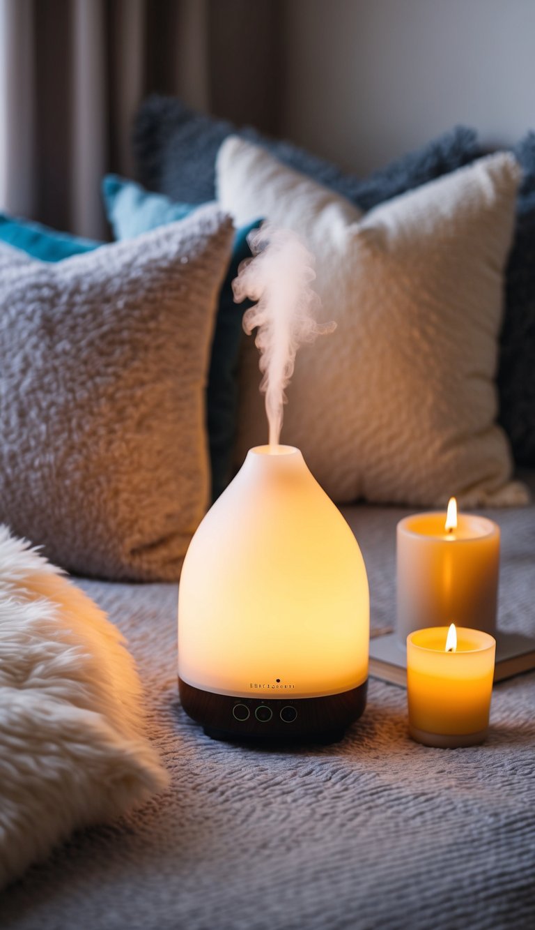 A cozy bedroom with an essential oil diffuser emitting a soft, warm glow, surrounded by plush pillows, a fluffy blanket, and a flickering candle