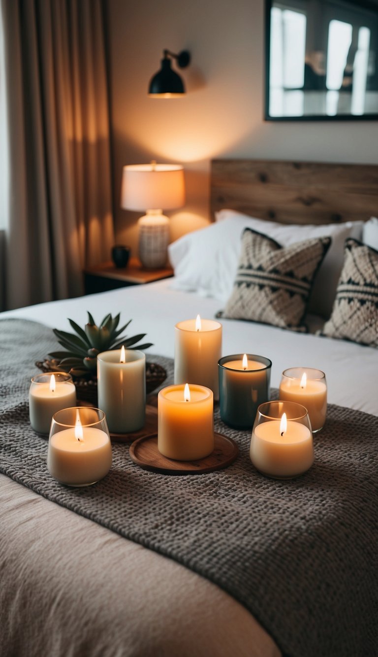 A cozy bedroom with scented candles arranged in various ways, creating a warm and inviting atmosphere