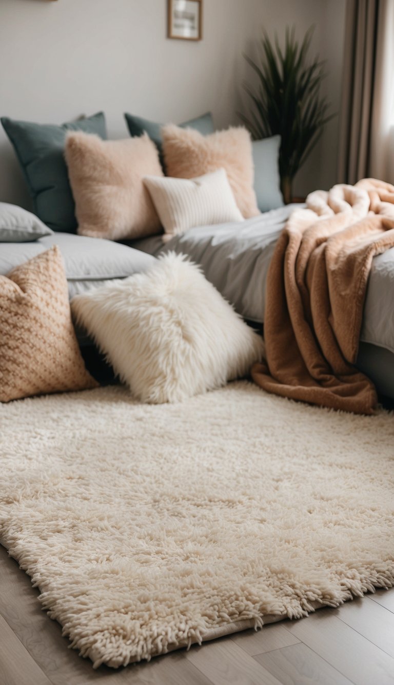 A soft area rug lies on the bedroom floor, surrounded by fluffy pillows and warm blankets, creating a cozy and inviting atmosphere