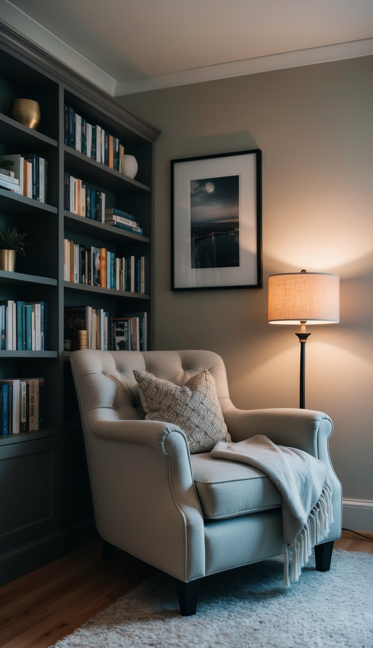 A plush armchair sits beside a bookshelf, with a soft throw blanket and a warm reading lamp creating a cozy nook in the corner of the bedroom