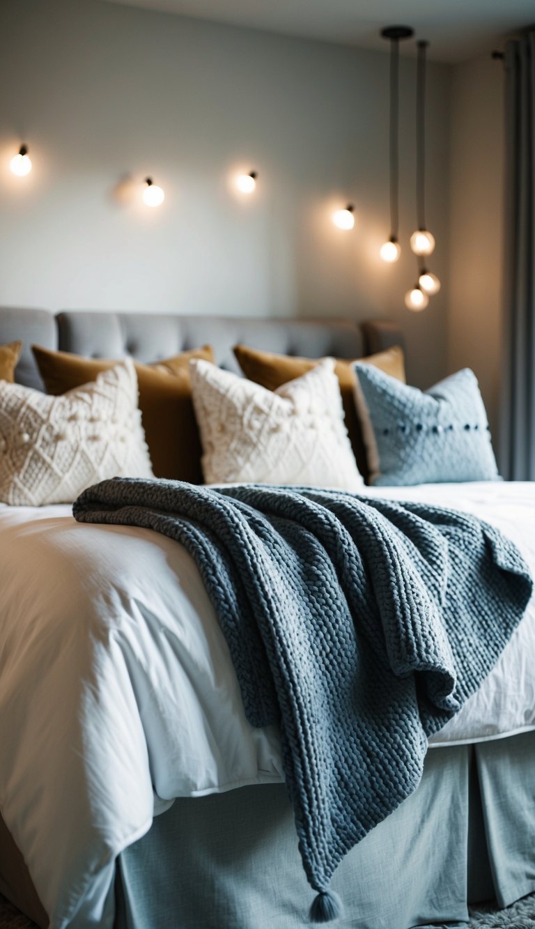 A cozy bedroom with a plush throw blanket draped over a bed, soft lighting, and decorative pillows