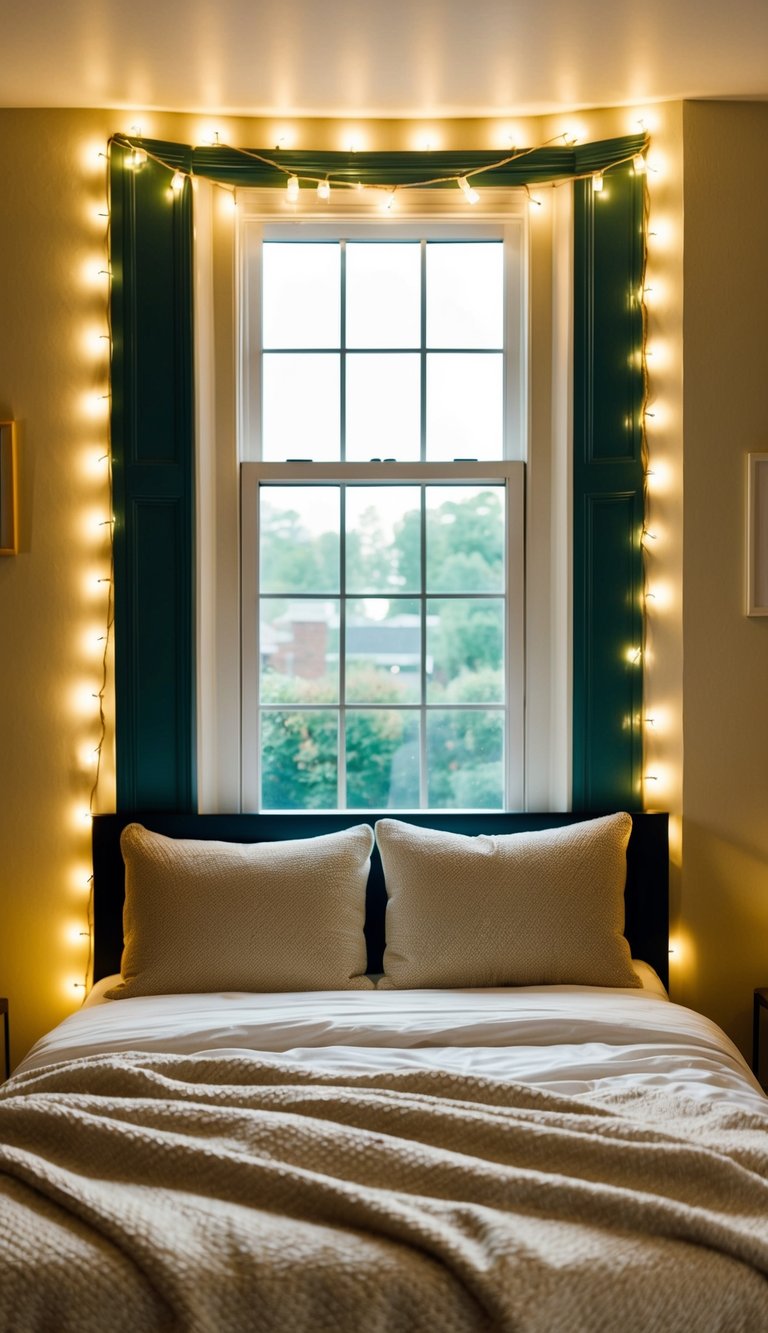 A cozy bedroom with string lights draped around the headboard and window, casting a warm and inviting glow