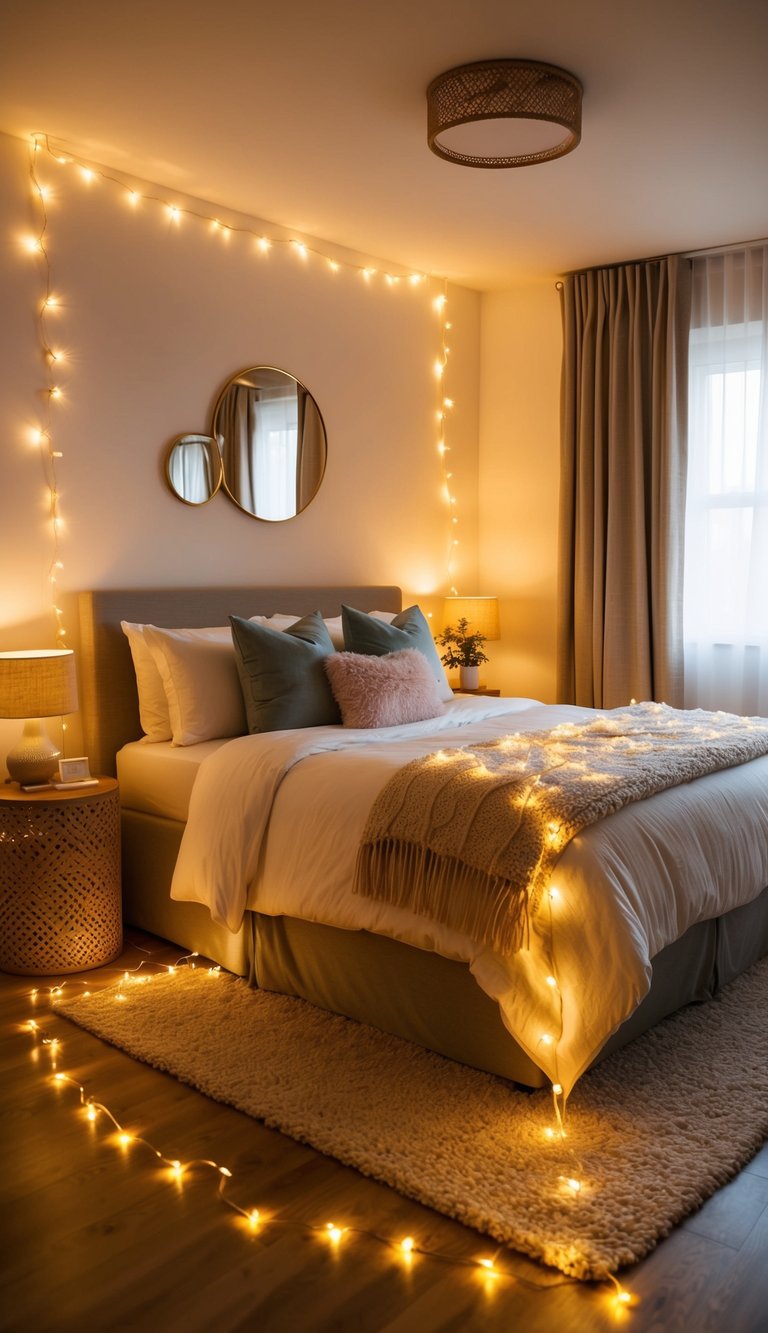 A cozy bedroom adorned with fairy lights, casting a warm and inviting glow throughout the space