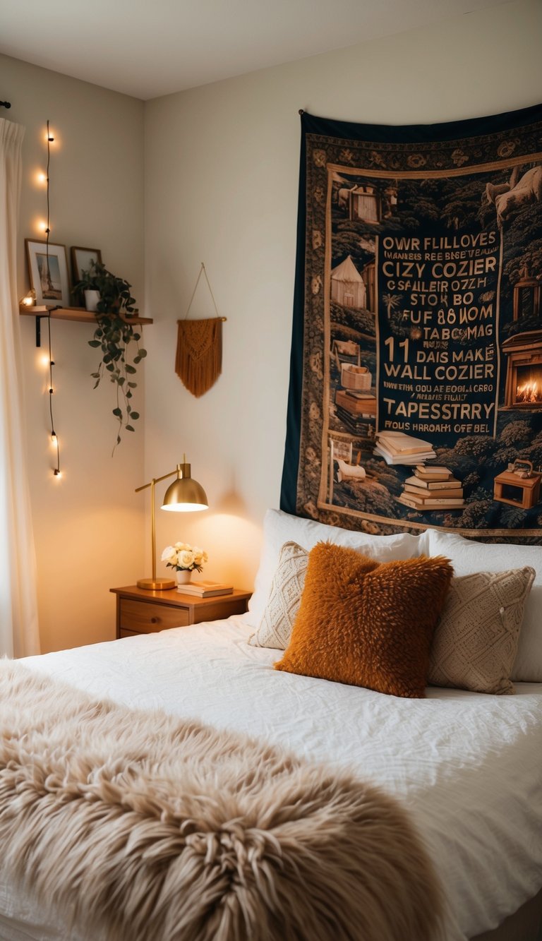 A cozy bedroom with a soft, fluffy bed, warm lighting, and a wall tapestry featuring 11 different ways to make the space even cozier