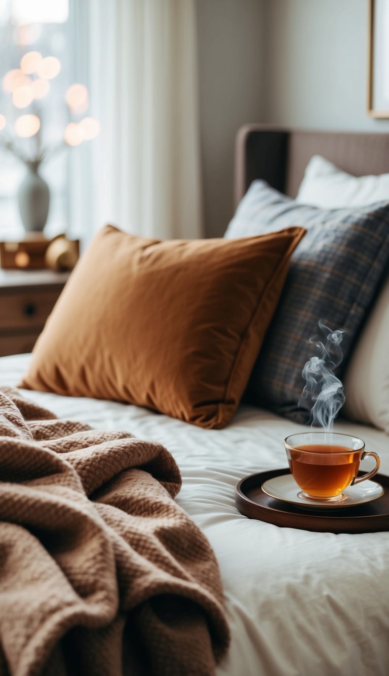 A cozy bed with warm flannel sheets, surrounded by soft blankets and pillows, with a steaming cup of tea on a nearby nightstand