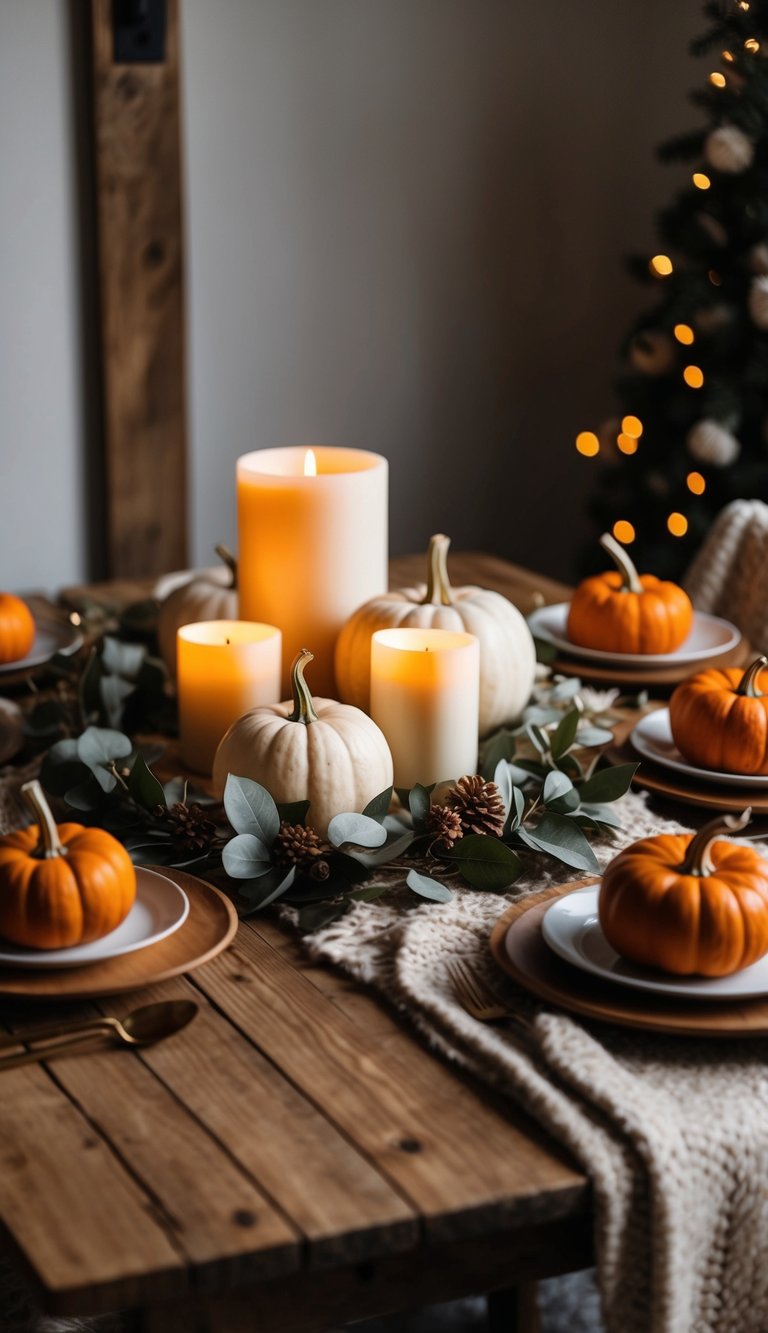 A rustic wooden table adorned with a leaf garland, surrounded by warm candles, pumpkins, and cozy blankets