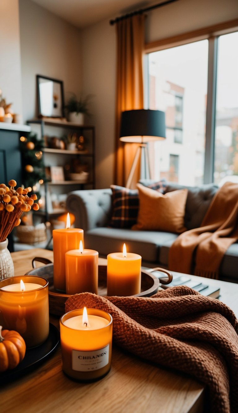 A warm, inviting living room filled with cinnamon-scented candles, cozy blankets, and autumn decor