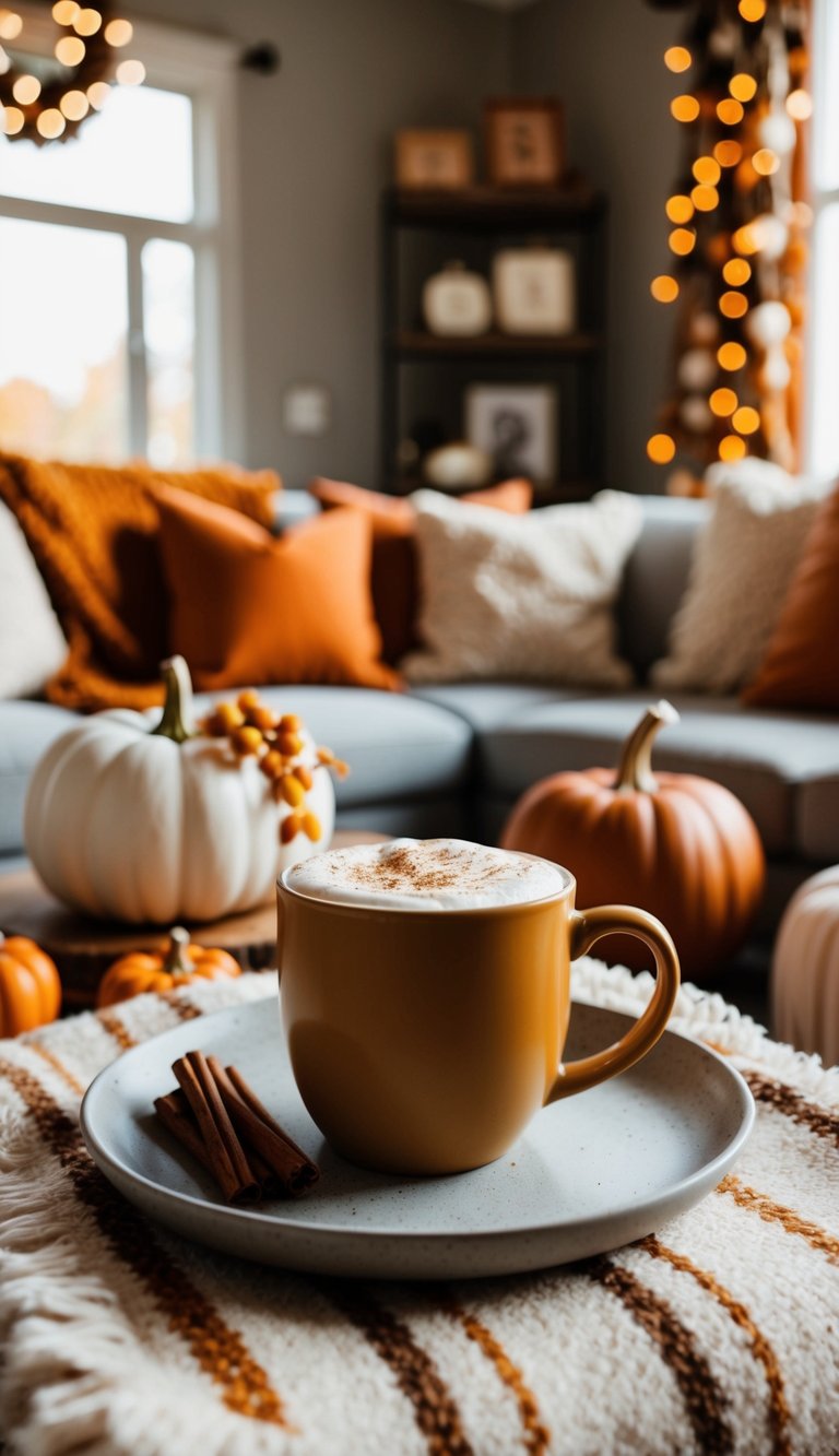 A warm, inviting living room with a pumpkin spice latte mug on a cozy blanket, surrounded by fall decor and soft lighting