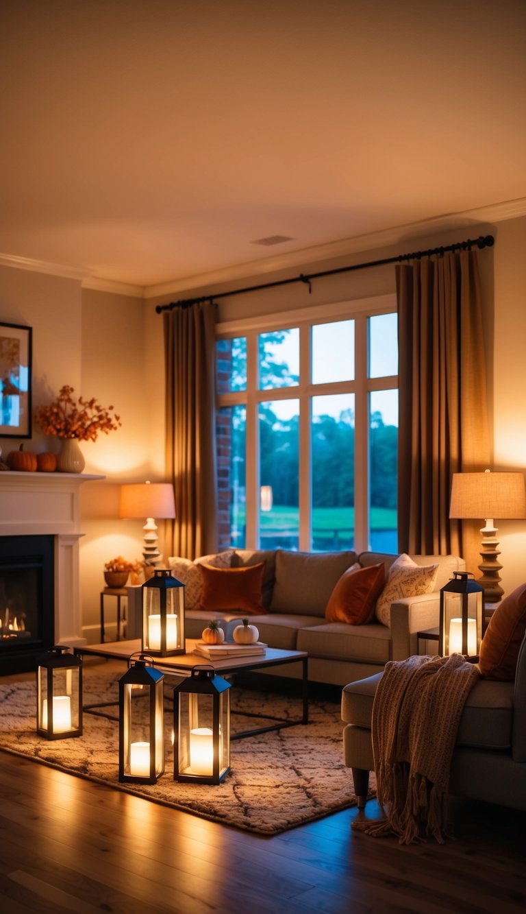 Soft glow of lanterns illuminating a cozy living room with warm fall decor