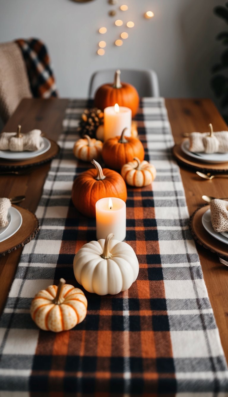 A plaid table runner with autumn decor, candles, pumpkins, and cozy blankets